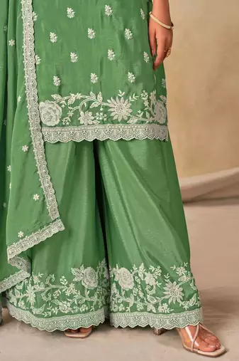 Green chinon heavy thread embroidery work palazzo suit