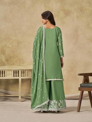 Green chinon heavy thread embroidery work palazzo suit 4