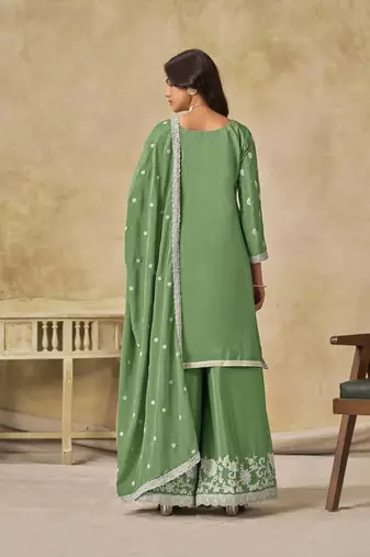 Green chinon heavy thread embroidery work palazzo suit