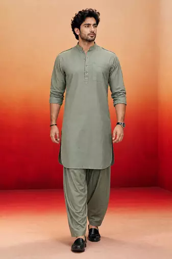 mint green swiss slub cotton pathani kurta with mint green silk blend patiala | eid festive set