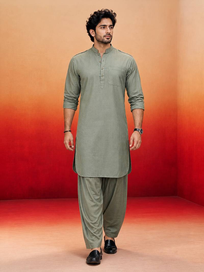 mint green swiss slub cotton pathani kurta with mint green silk blend patiala | eid festive set