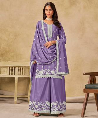 Lavender chinon heavy thread embroidery work palazzo suit 1