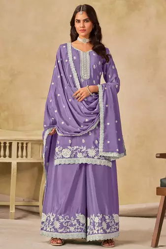 Lavender chinon heavy thread embroidery work palazzo suit