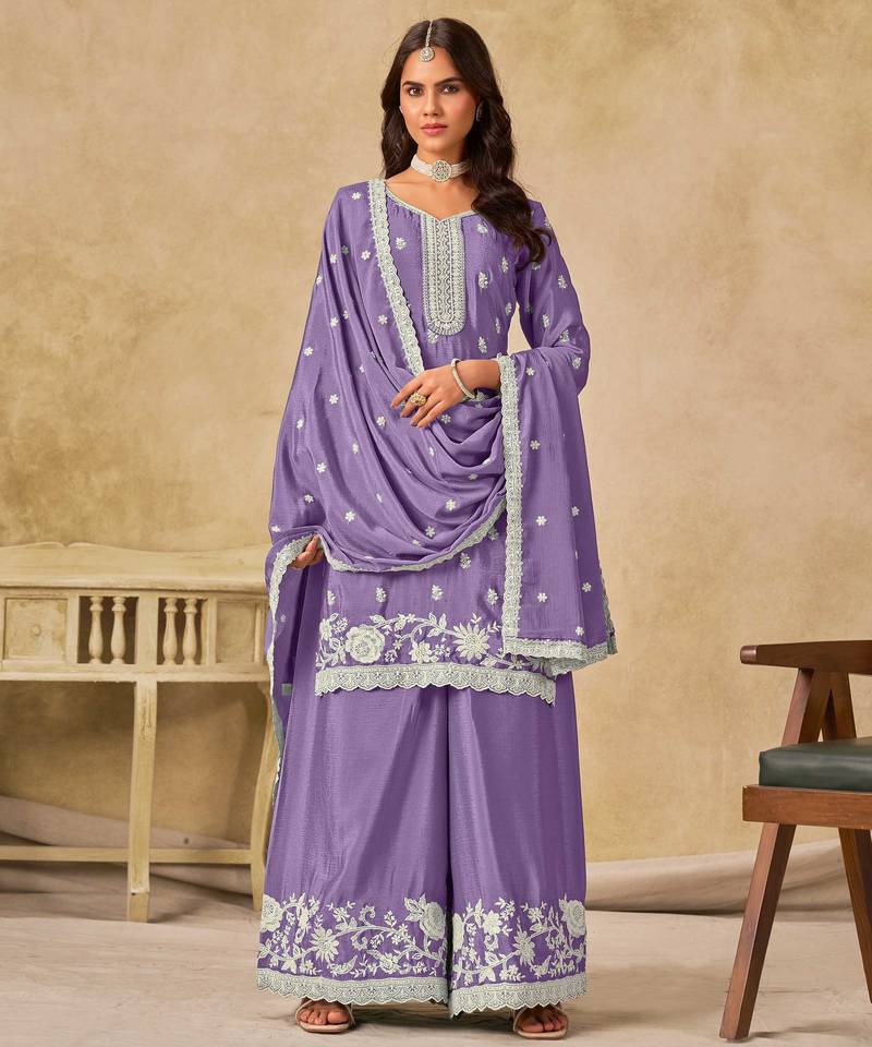Lavender chinon heavy thread embroidery work palazzo suit