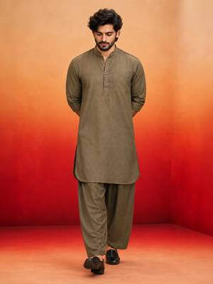 chiku solid swiss slub cotton pathani kurta with chiku silk blend patiala | eid festive ethnic set 1