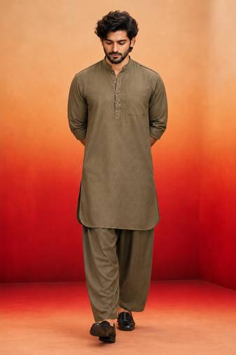 chiku solid swiss slub cotton pathani kurta with chiku silk blend patiala | eid festive ethnic set