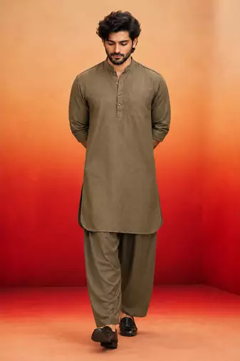 chiku solid swiss slub cotton pathani kurta with chiku silk blend patiala | eid festive ethnic set