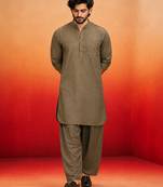 chiku solid swiss slub cotton pathani kurta with chiku silk blend patiala | eid festive ethnic set