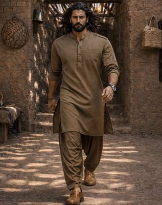 chiku solid swiss slub cotton pathani kurta with chiku silk blend patiala | eid festive ethnic set 1
