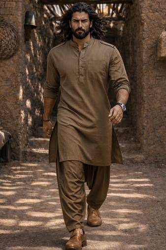 chiku solid swiss slub cotton pathani kurta with chiku silk blend patiala | eid festive ethnic set