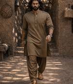 chiku solid swiss slub cotton pathani kurta with chiku silk blend patiala | eid festive ethnic set