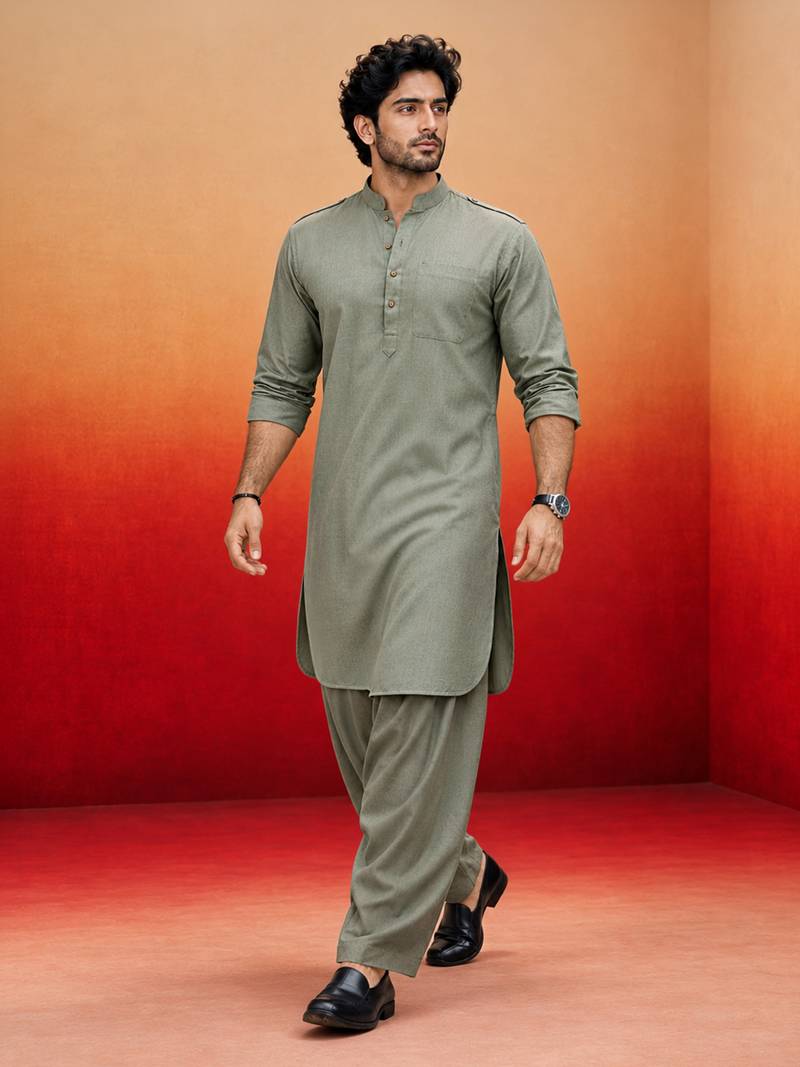 mint green swiss slub cotton pathani kurta with mint green silk blend patiala | eid festive set