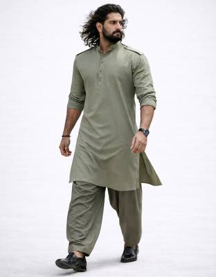mint green swiss slub cotton pathani kurta with mint green silk blend patiala | eid festive set 4
