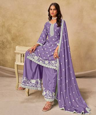Lavender chinon heavy thread embroidery work palazzo suit 2