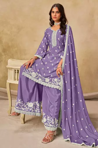 Lavender chinon heavy thread embroidery work palazzo suit