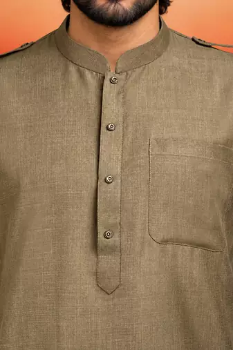 chiku solid swiss slub cotton pathani kurta with chiku silk blend patiala | eid festive ethnic set