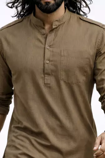 chiku solid swiss slub cotton pathani kurta with chiku silk blend patiala | eid festive ethnic set