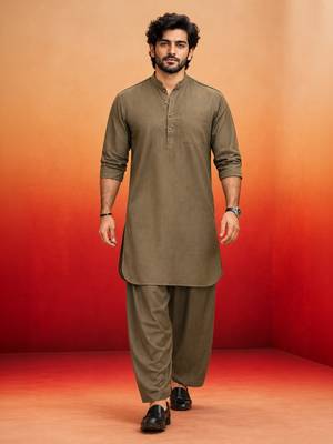 chiku solid swiss slub cotton pathani kurta with chiku silk blend patiala | eid festive ethnic set 3