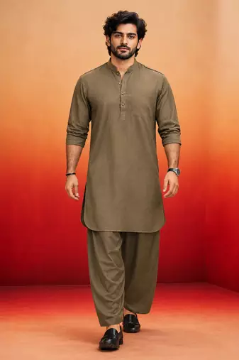 chiku solid swiss slub cotton pathani kurta with chiku silk blend patiala | eid festive ethnic set