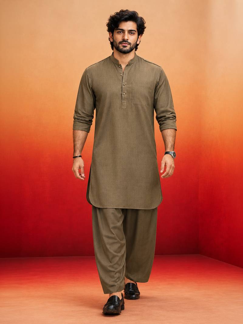 chiku solid swiss slub cotton pathani kurta with chiku silk blend patiala | eid festive ethnic set