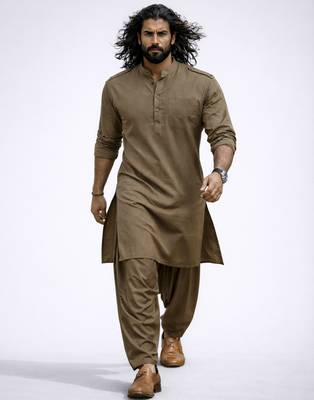 chiku solid swiss slub cotton pathani kurta with chiku silk blend patiala | eid festive ethnic set 3