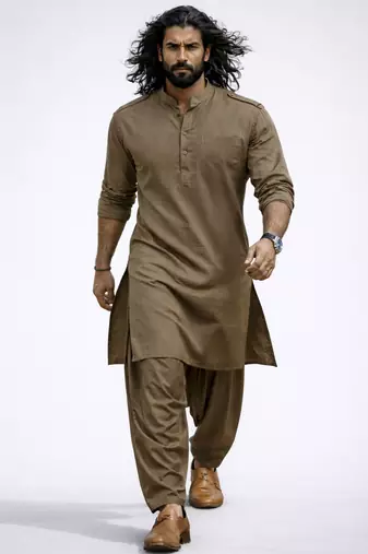 chiku solid swiss slub cotton pathani kurta with chiku silk blend patiala | eid festive ethnic set
