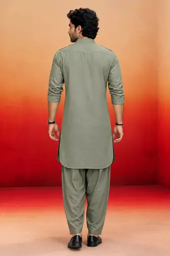 mint green swiss slub cotton pathani kurta with mint green silk blend patiala | eid festive set