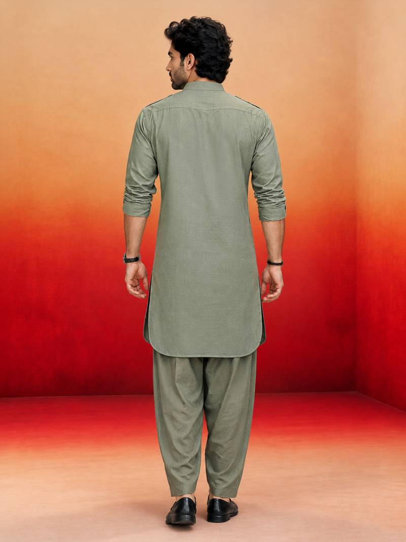 mint green swiss slub cotton pathani kurta with mint green silk blend patiala | eid festive set