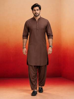 coffee brown swiss slub cotton pathani kurta with coffee brown silk blend patiala | eid festive set 1