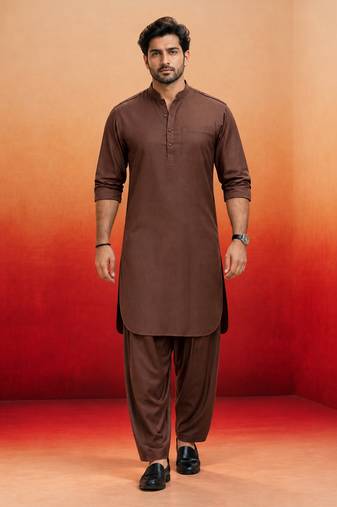 coffee brown swiss slub cotton pathani kurta with coffee brown silk blend patiala | eid festive set