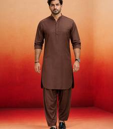 coffee brown swiss slub cotton pathani kurta with coffee brown silk blend patiala | eid festive set