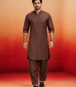 coffee brown swiss slub cotton pathani kurta with coffee brown silk blend patiala | eid festive set