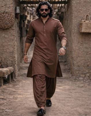 coffee brown swiss slub cotton pathani kurta with coffee brown silk blend patiala | eid festive set 1