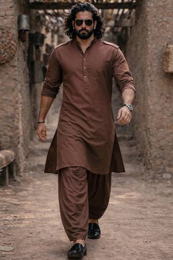 coffee brown swiss slub cotton pathani kurta with coffee brown silk blend patiala | eid festive set