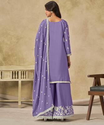 Lavender chinon heavy thread embroidery work palazzo suit 4