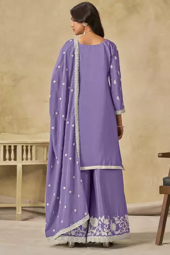 Lavender chinon heavy thread embroidery work palazzo suit