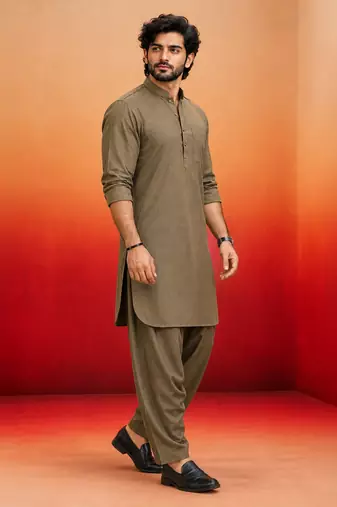 chiku solid swiss slub cotton pathani kurta with chiku silk blend patiala | eid festive ethnic set