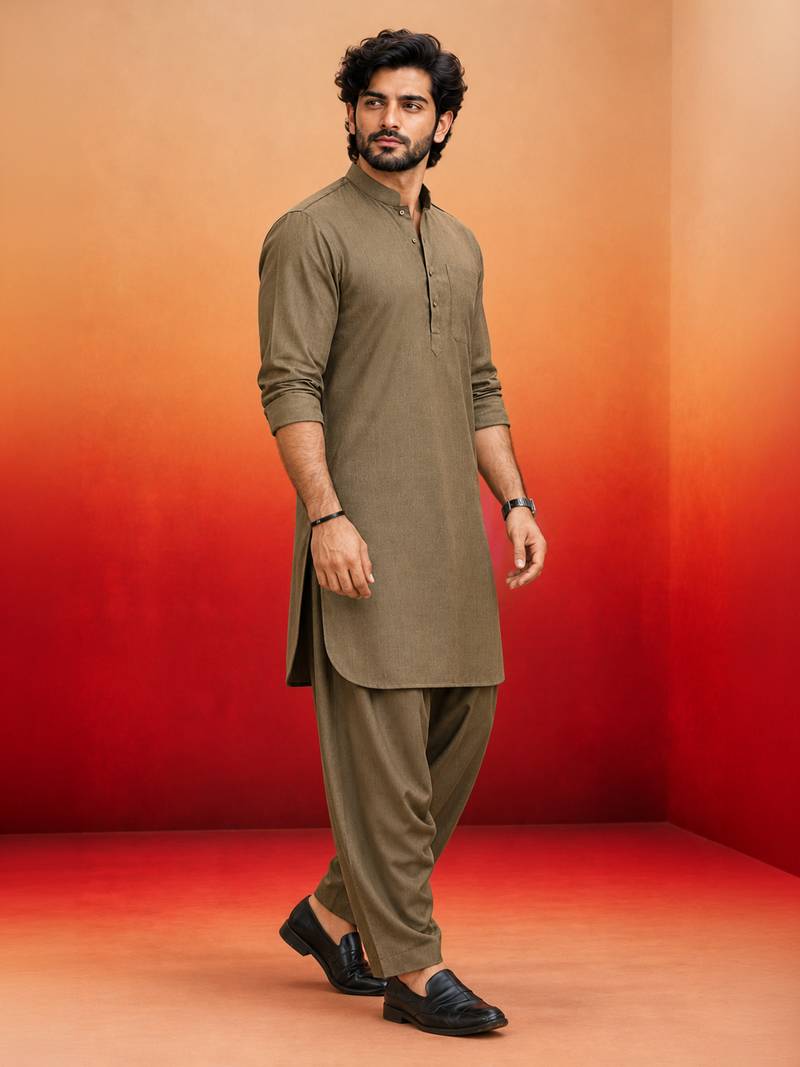 chiku solid swiss slub cotton pathani kurta with chiku silk blend patiala | eid festive ethnic set