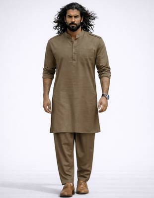chiku solid swiss slub cotton pathani kurta with chiku silk blend patiala | eid festive ethnic set 4