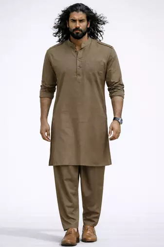 chiku solid swiss slub cotton pathani kurta with chiku silk blend patiala | eid festive ethnic set