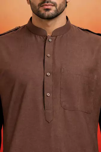coffee brown swiss slub cotton pathani kurta with coffee brown silk blend patiala | eid festive set
