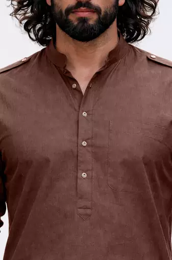 coffee brown swiss slub cotton pathani kurta with coffee brown silk blend patiala | eid festive set