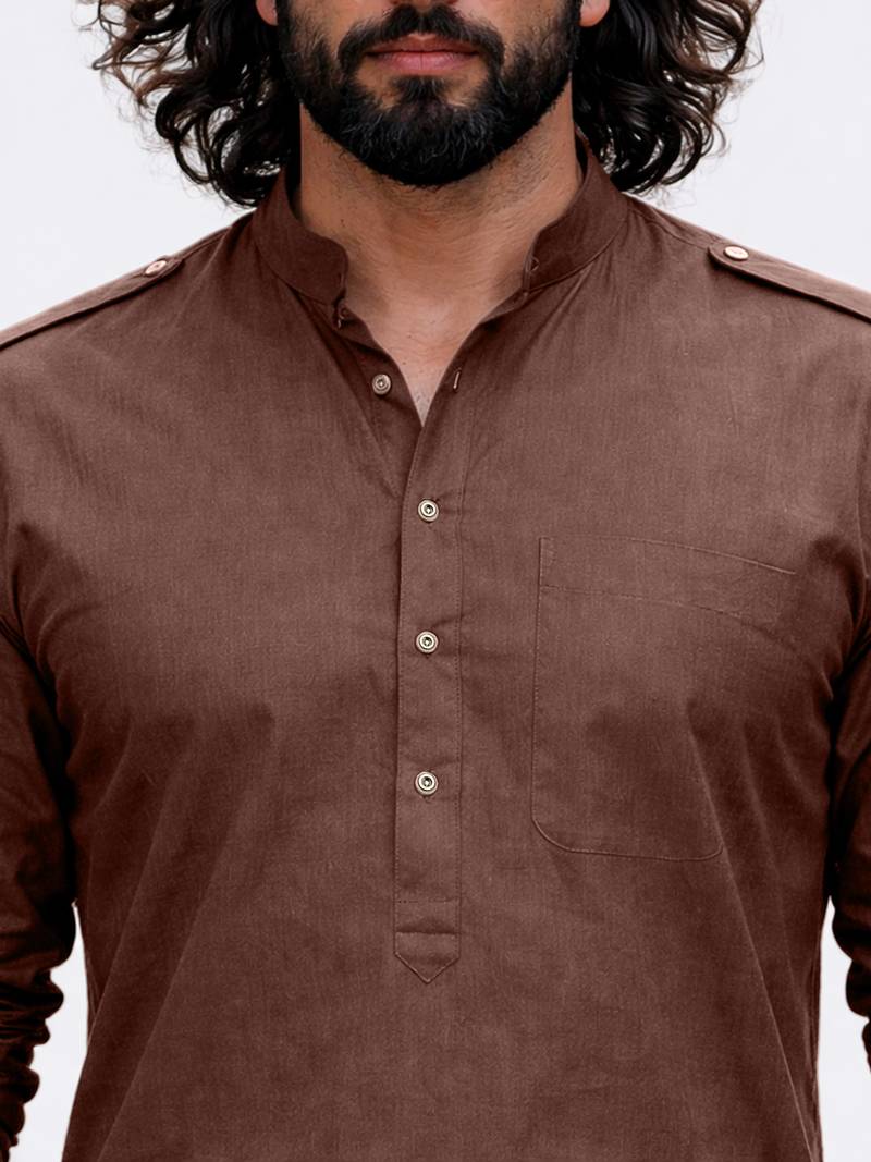 coffee brown swiss slub cotton pathani kurta with coffee brown silk blend patiala | eid festive set