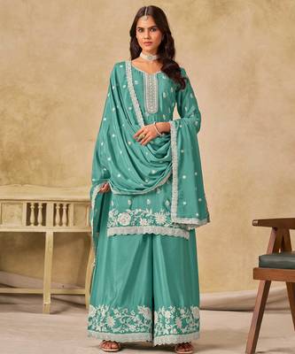 Aqua blue chinon heavy thread embroidery work palazzo suit 1