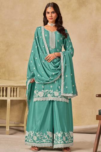 Aqua blue chinon heavy thread embroidery work palazzo suit