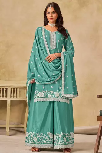 Aqua blue chinon heavy thread embroidery work palazzo suit