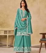 Aqua blue chinon heavy thread embroidery work palazzo suit