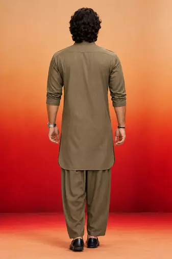 chiku solid swiss slub cotton pathani kurta with chiku silk blend patiala | eid festive ethnic set