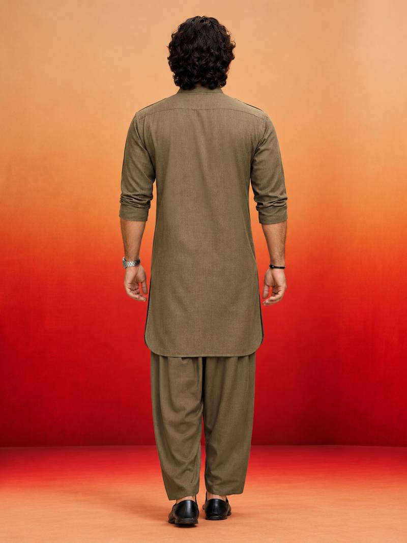 chiku solid swiss slub cotton pathani kurta with chiku silk blend patiala | eid festive ethnic set