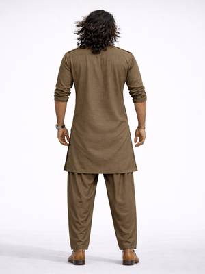 chiku solid swiss slub cotton pathani kurta with chiku silk blend patiala | eid festive ethnic set 5